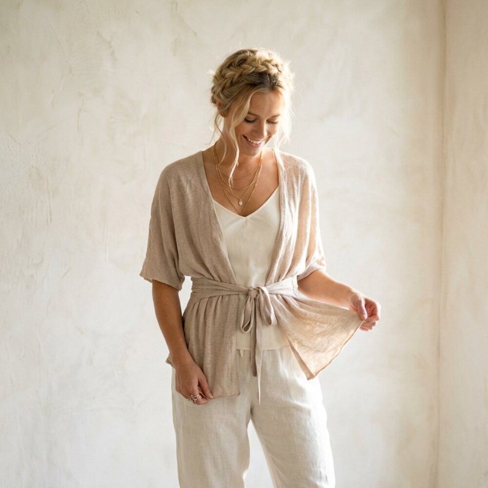 Linen & Cotton Anthropologie MOTH Linen Blend Wrap Peplum Cardigan Top - Medium - Picture 3 of 7